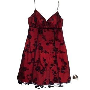 Blondie Nites Red and Black Floral Mesh Overlay Mini Dress